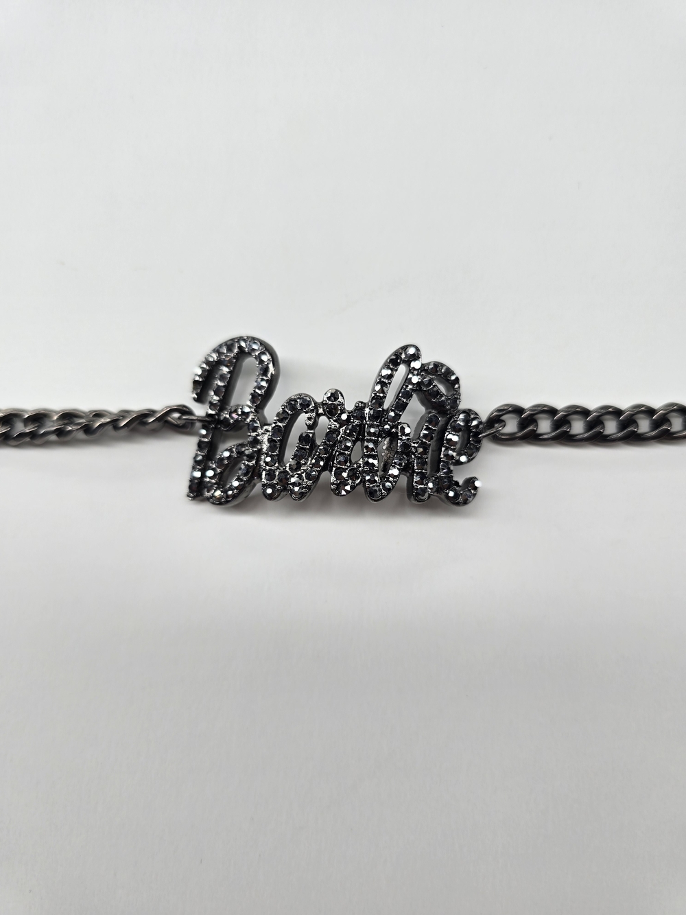 Gunmetal Black Jeweled 'Barbie' Script Nameplate Bracelet